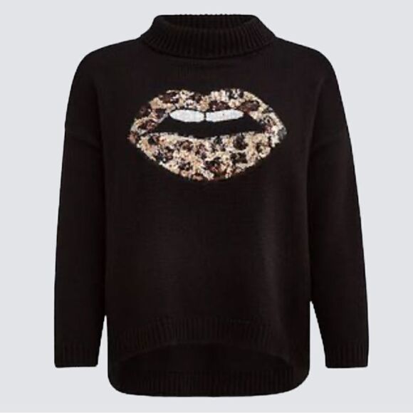 Torrid Drop Shoulder Turtle Neck Sweater Leopard Lips Black, Size 3/4 - Picture 12 of 12